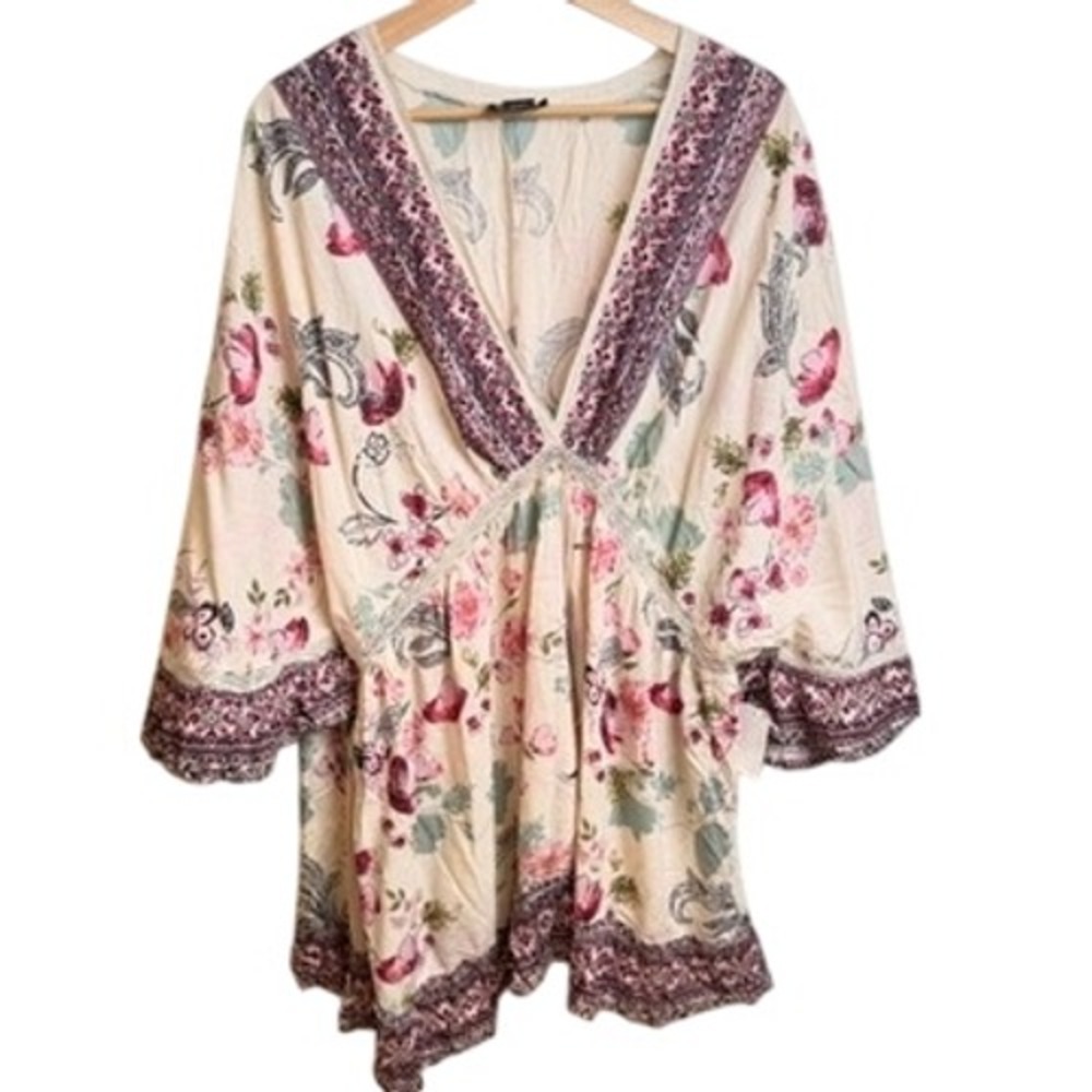 Floral Lace Trim Ruffle Blouse 3X Plus Lightweight‎ Cream Pink Boho Romantic Top